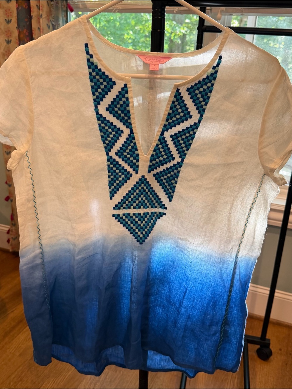Lilly Pulitzer Breakers Row Ombre Linen Tunic Top Embroidered Blue Crush